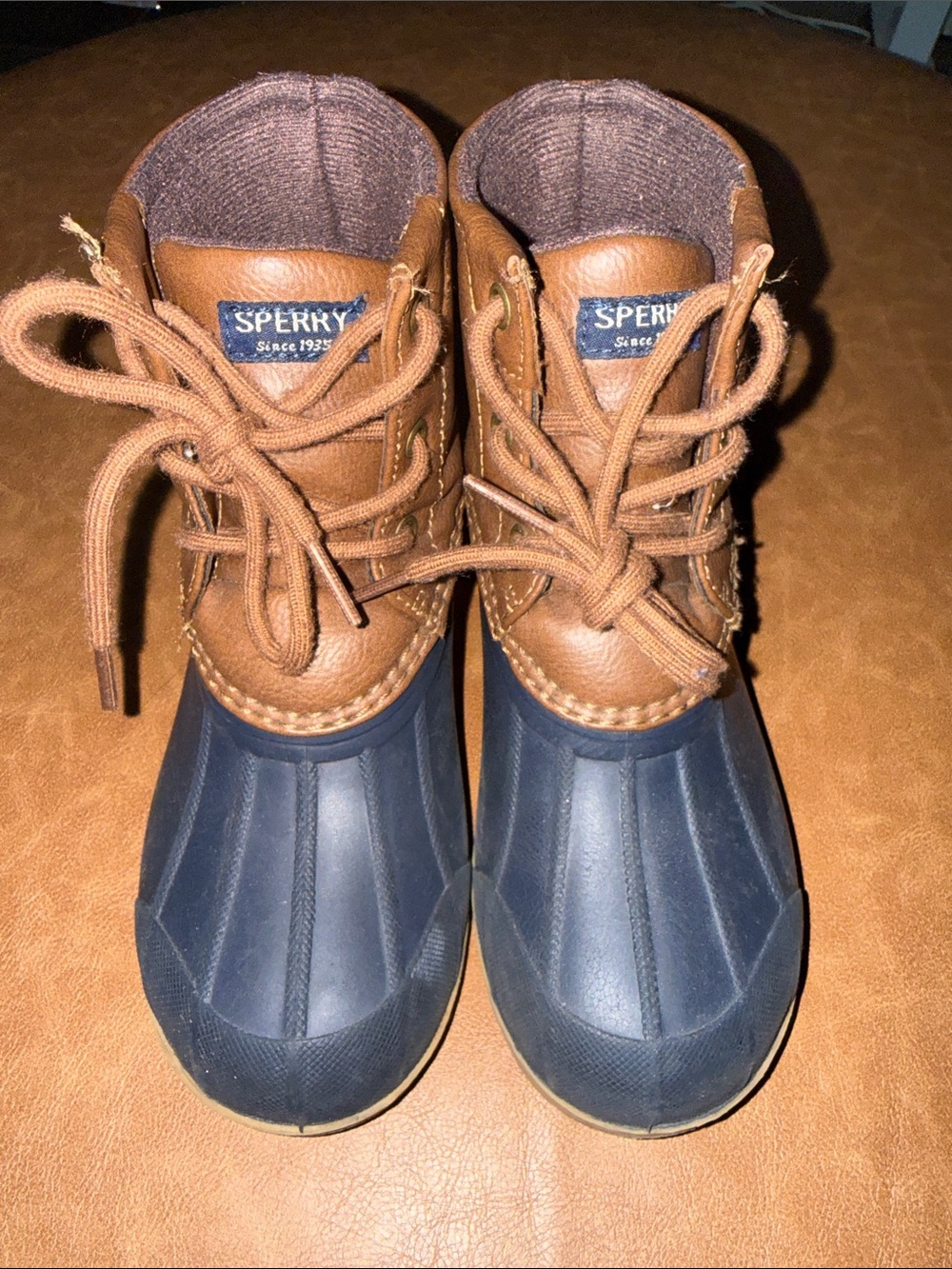 Sperry Kids Size 12M Brown and Navy Waterproof Duck Boots